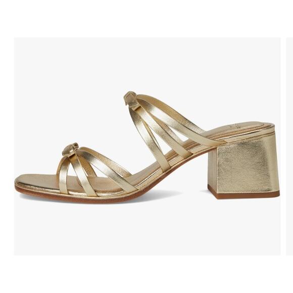 Kate Spade Carolina Block Heel Sandal Metallic Nappa Pale Gold 6.5 Lightly Worn - Picture 2 of 16